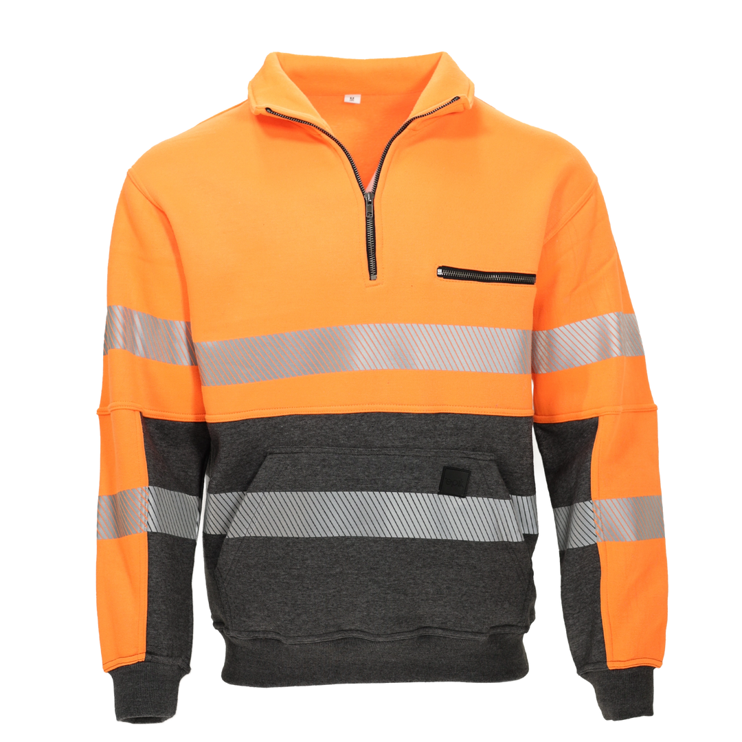 Peak 2.0 Quarter Zip Sweater in Hi-Vis Orange with ANSI Class 2 rating and double reflective tape stripes.