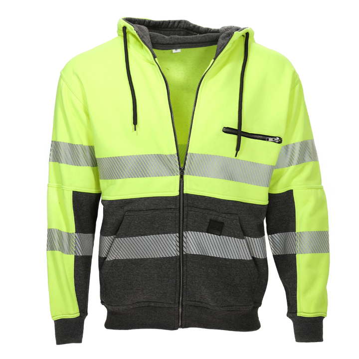 Hi-Vis Yellow Thermal Zip-Up Hoodie with ANSI Class 2 rating for enhanced visibility and safety. Double reflective tape stripes and thick fleece blend for warmth. Chest pocket zipper and pen arm pocket for convenience.