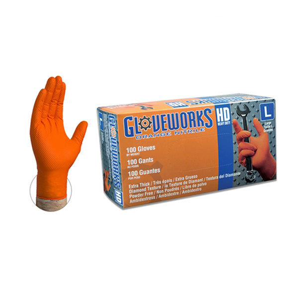 Nitrile Heavy Duty Orange Gripper Gloves - Box of 100, durable and textured for a firm grip, ideal for heavy-duty tasks.