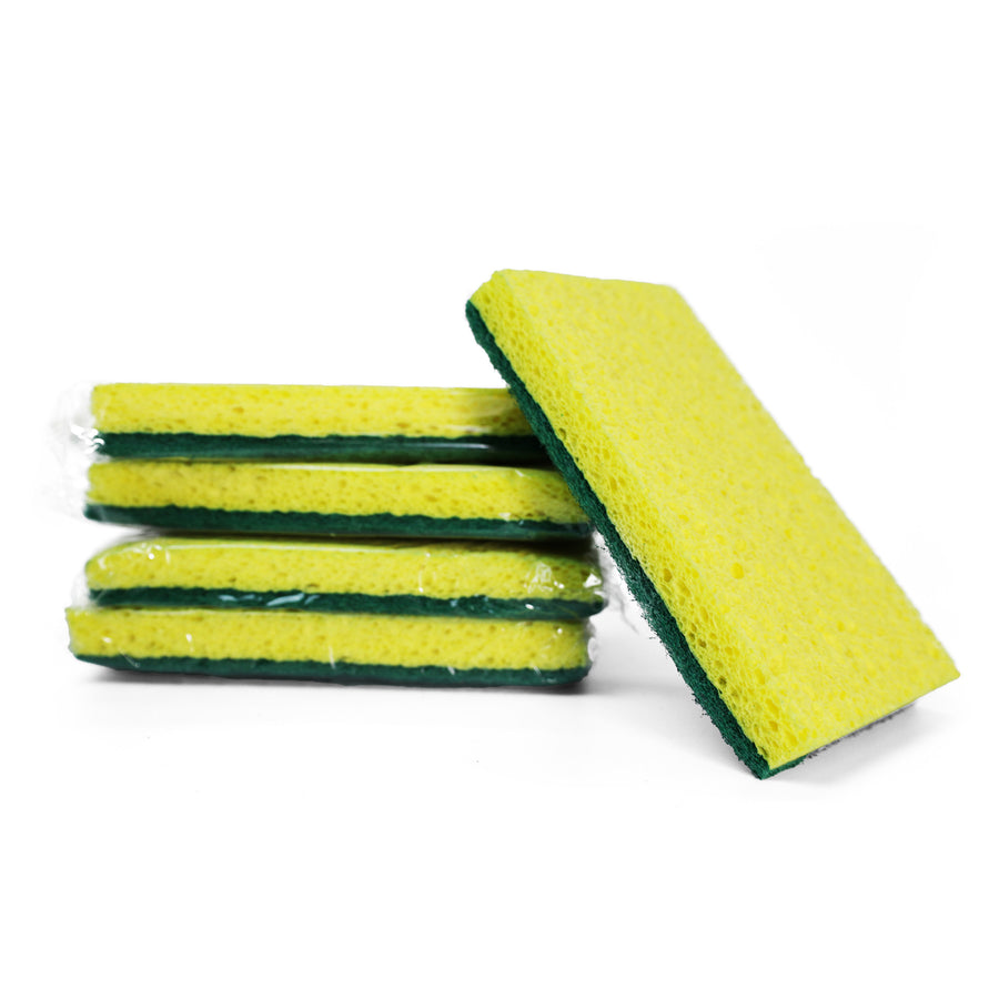 A pack of 5 yellow cellulose cleaning sponges with green scrub pad.