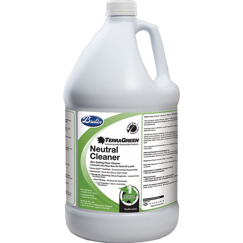 TerraGreen Neutral Floor Cleaner – Green Seal™ Certified daily cleaning solution in a case of four 1-gallon bottles. Non-filming, low foaming, with a refreshing citrus fragrance.
