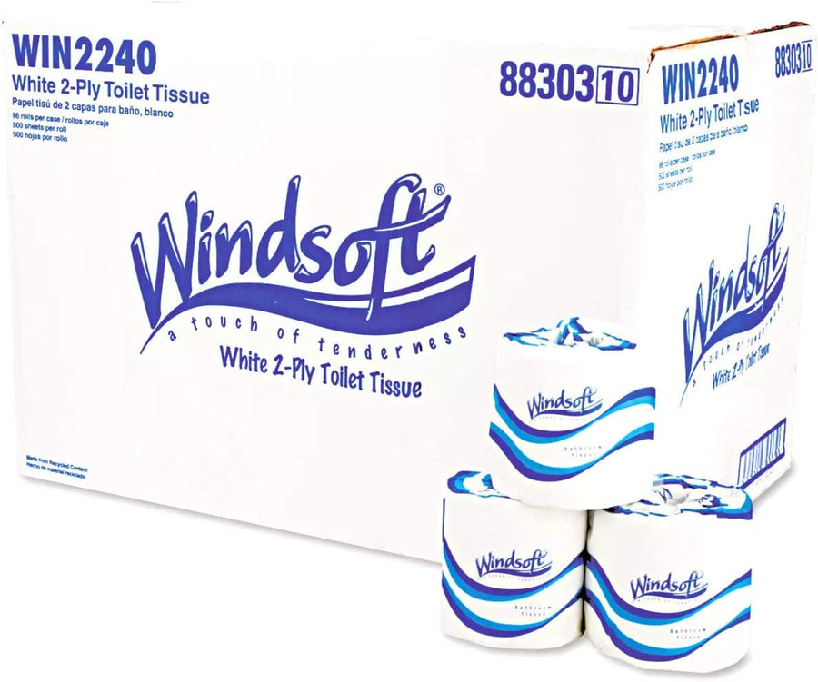 Windsoft Premium Embossed 2-ply Bathroom Tissue, 96 rolls per case, individually wrapped, embossed white tissue.