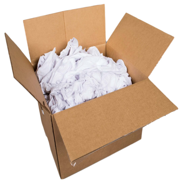 Recycled Cotton Rags – 25lb box, white color, 12" x 16" average size.
