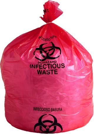 33" x 39" Red Biohazard Bags - Printed, heavy-duty bags for 33-gallon capacity, 1.2 mil thickness.