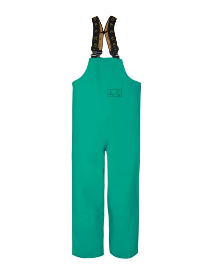 Chemical resistant bib pants with special cut for maximum mobility and wind vents in the leg openings.