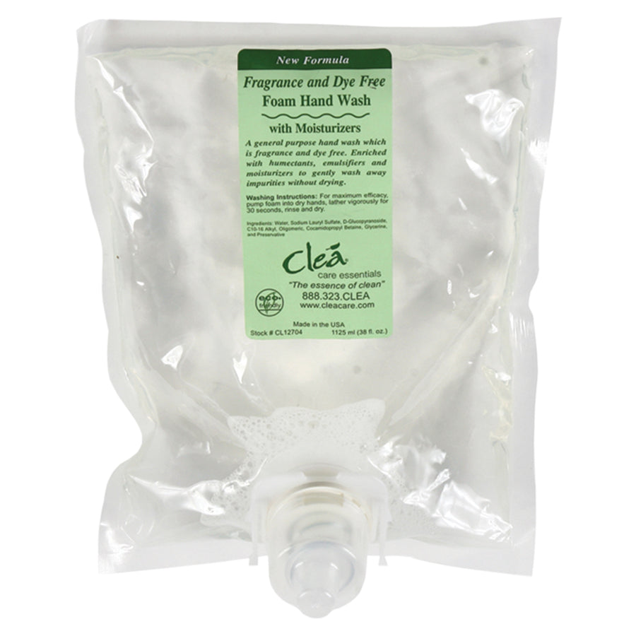 Cleá Dye & Fragrance Free Moisturizing Foam Soap, an antibacterial foaming hand wash refill enriched with vitamins and moisturizers, available in 1125ml bottles, sold in cases of four.