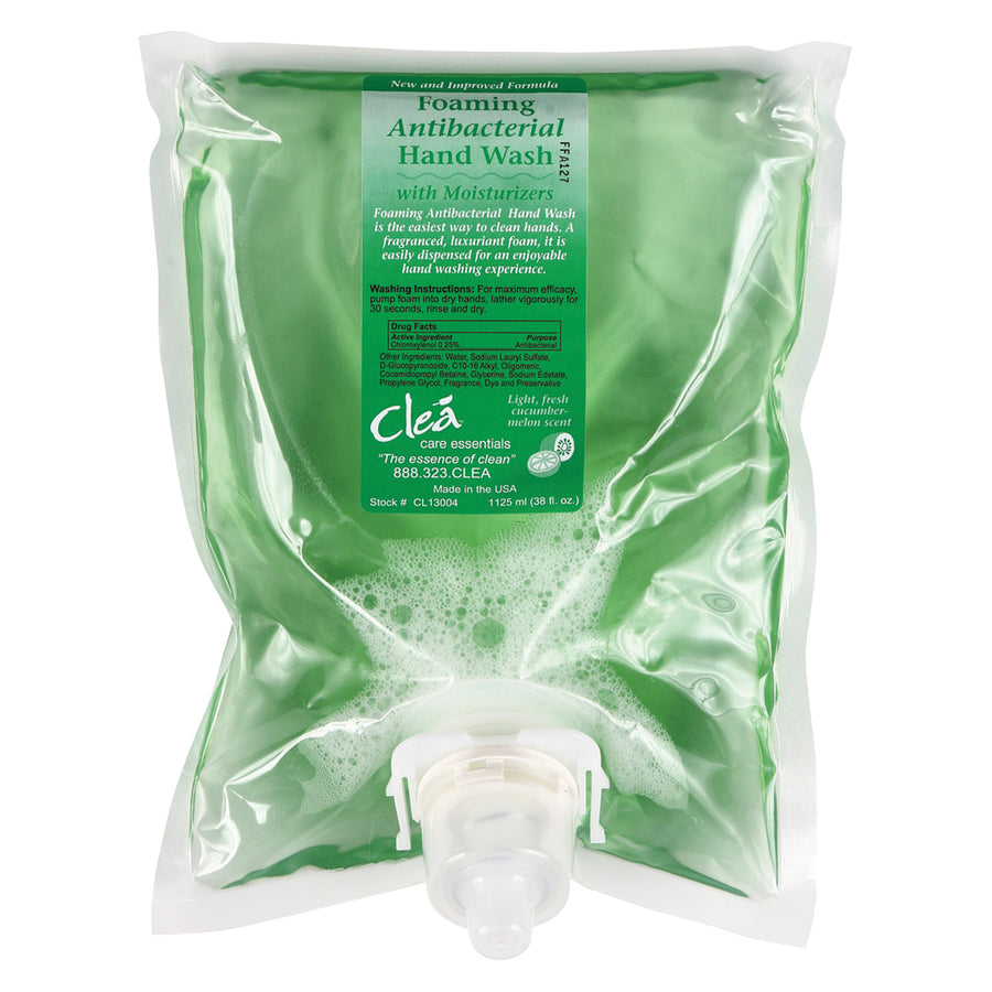 Cleá Antibacterial Moisturizing Foam Soap, a concentrated foaming hand wash refill with moisturizers, available in 1125ml bottles, sold in cases of four.