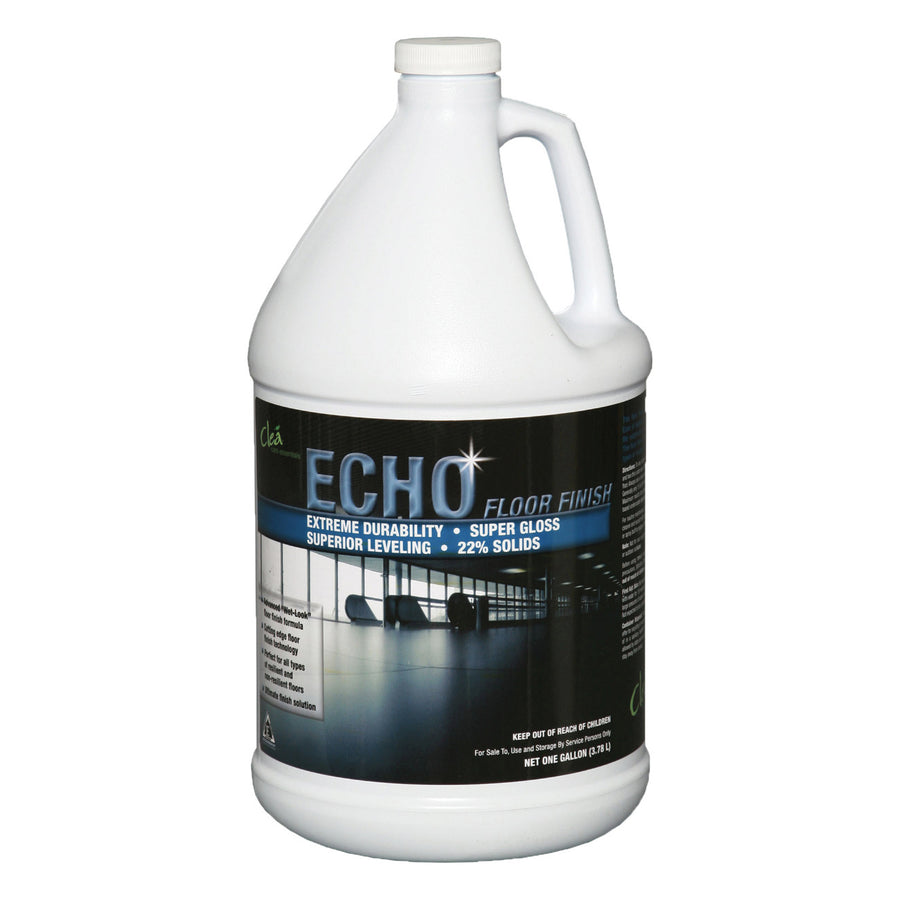 A gallon-sized container of Clea Echo Floor Finish, perfect for achieving a high-shine finish with its advanced "wet-look" formula and 22% solids.
