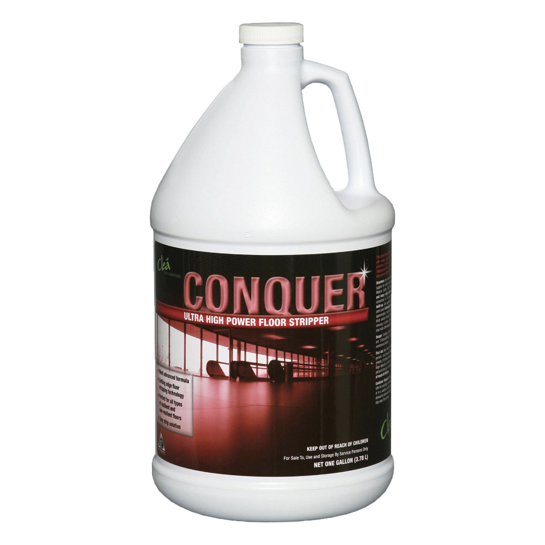 A gallon-sized container of Clea Conquer Floor Stripper, ready to tackle tough floor stripping tasks.