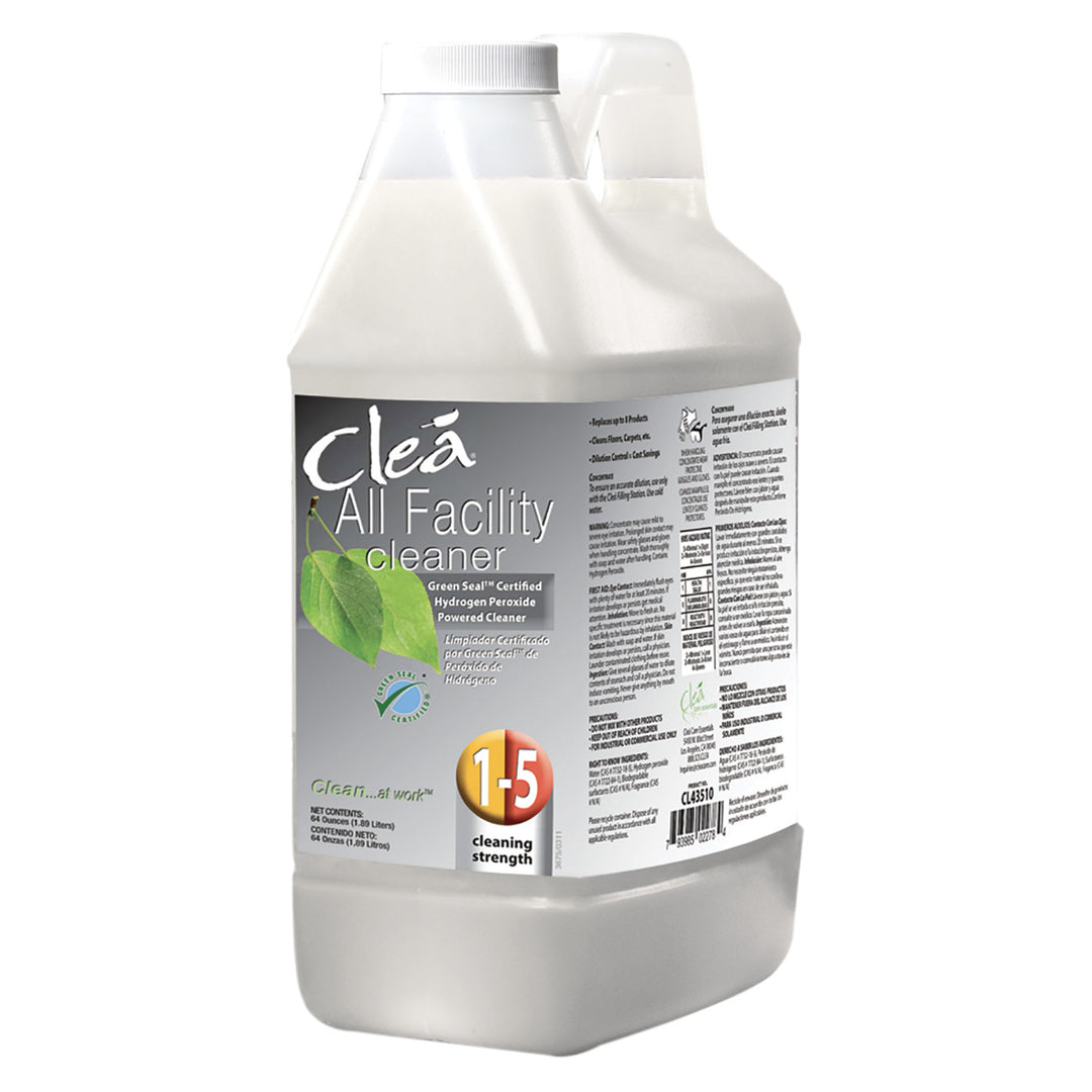 A container of Clea All Facility Cleaner with a Green Seal Certified logo.