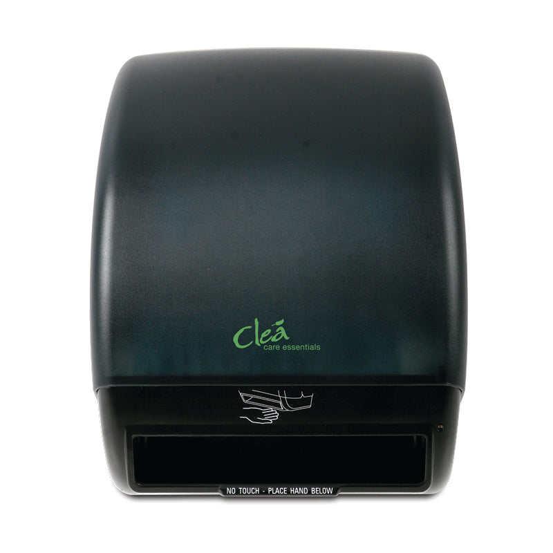 Clea Electronic Hand Towel Dispenser in black, a sleek and hygienic addition to any restroom.