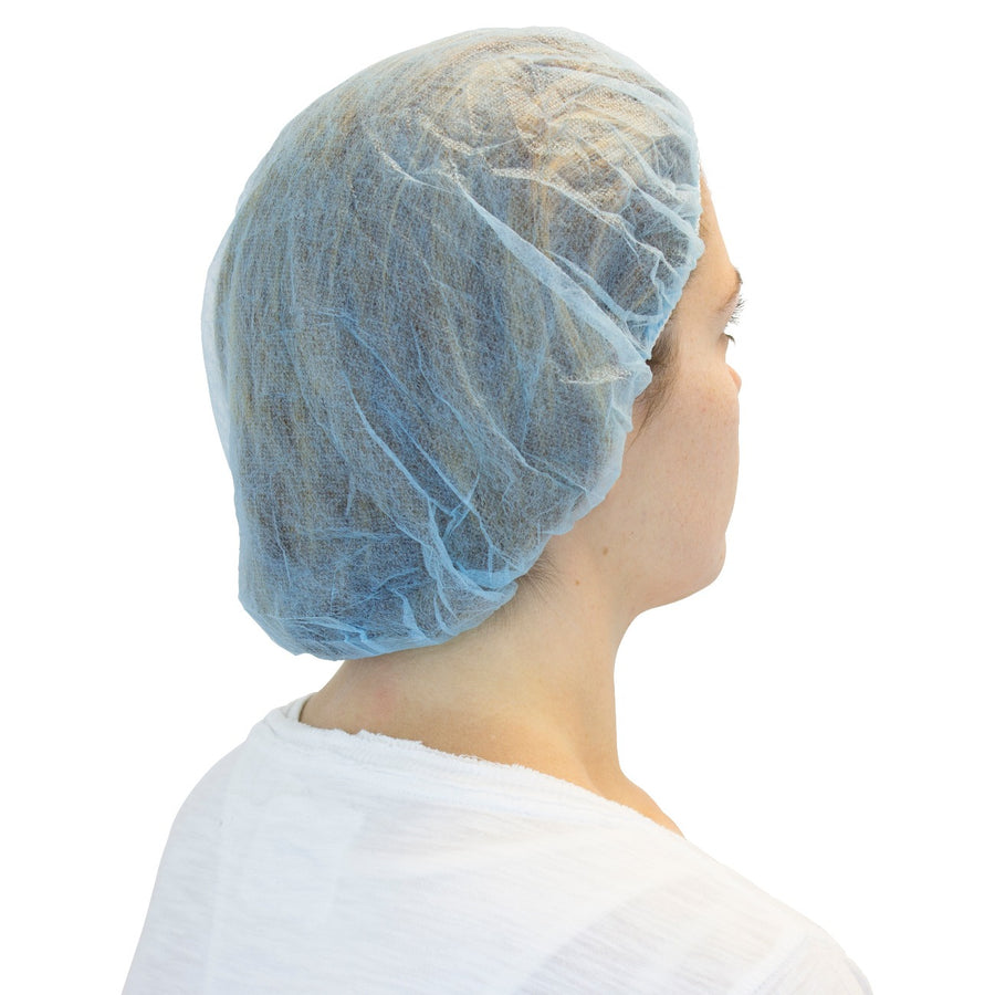 28" Blue Bouffant Cap - Durable and breathable spunbonded polypropylene material, latex-free, and featuring an elastic band for a secure fit.