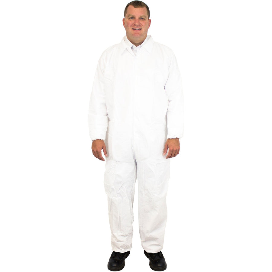 White SMS Polypropylene Coveralls - Set of 25 breathable and lightweight protective coveralls for various applications.