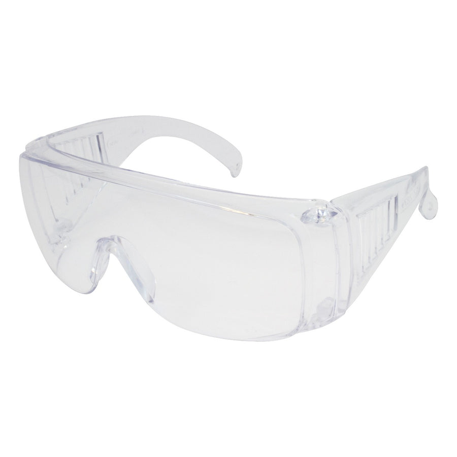 Visitor Specs with Clear Frame and Lens – Box of 12 clear plastic safety glasses, providing universal fit and 99.9% UV protection for workplace safety.