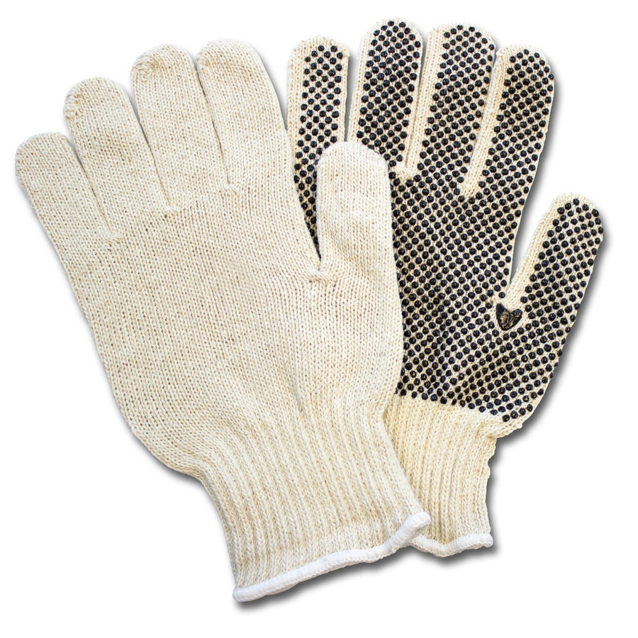 Cotton Polyester String Knit Gloves with 1 Sided PVC Dot Grip: These gloves, available in packs of 12 pairs, offer extra hand protection and excellent grip. Ideal for various industries, including cold storage and food production.