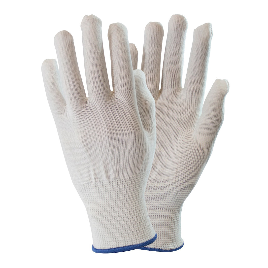 White Knit Inspection Gloves made of 100% polyester with blue hemmed cuff and 13 Gauge Knit Construction.