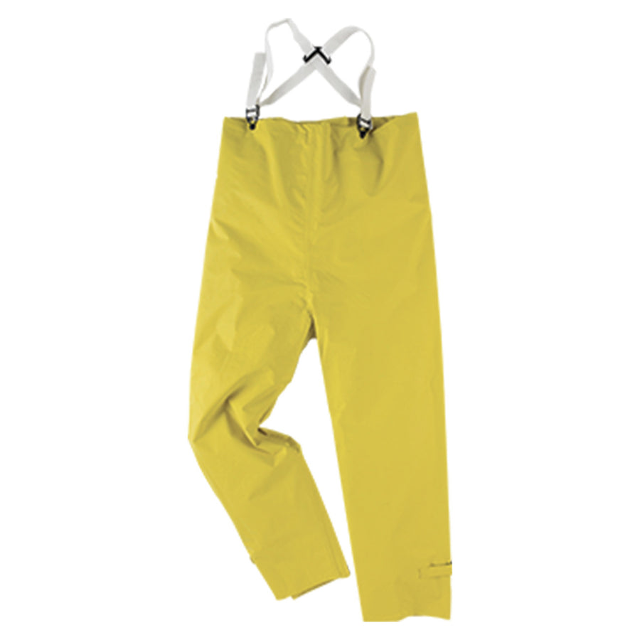 Universal 35 Bib Trouser with Elastic Suspenders. PVC / Nylon / PVC material for tough, lightweight protection. Temperature-resistant from -30°F to 120°F. Flame-resistant, meets NFPA-701 standards. Tested to ASTM D6413 and ASTM F903 for safety.