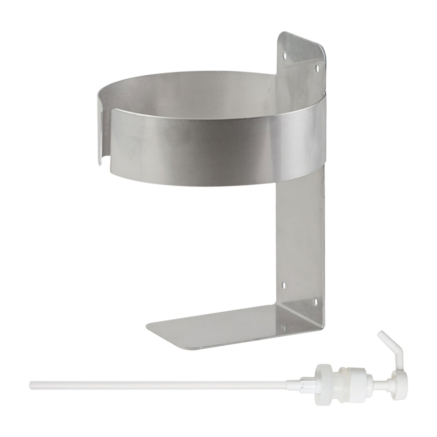 Stainless Steel Gallon Wall Bracket (1/ea) - Wall-mounted bracket for convenient dispensing of one-gallon soap and sanitizer bottles. Stainless steel construction for durability.