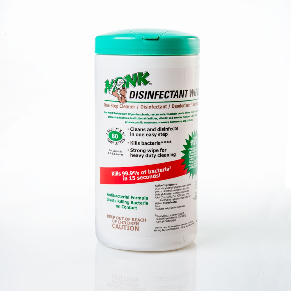Monk Disinfectant Wet Wipes - Versatile disinfection for numerous environments. Bleach-free, alcohol-free formula. Kills 99.9% of bacteria in 15 seconds.