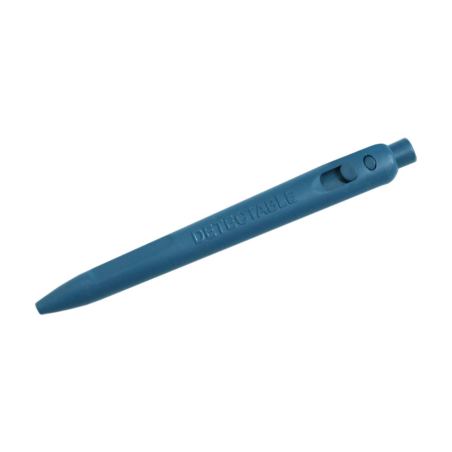 Retractable Detectable Roller Ball Pen – Individual pen with a blue body and blue ink. Roller ball design for smooth writing and a clip for added convenience.