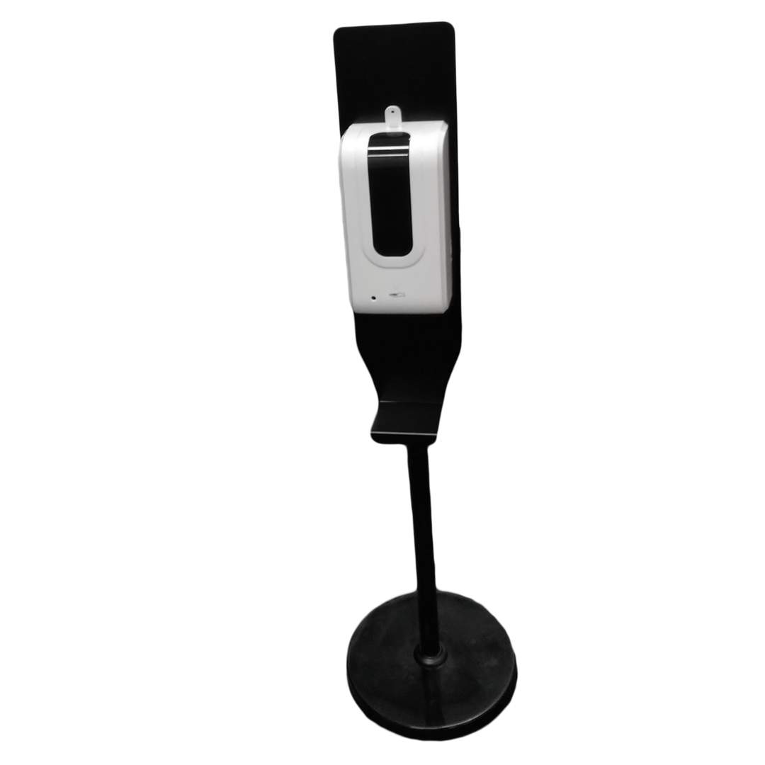 The TechniClean Adjustable Dispenser Stand – black powder-coated steel with adjustable height and sensor-activated dispenser.