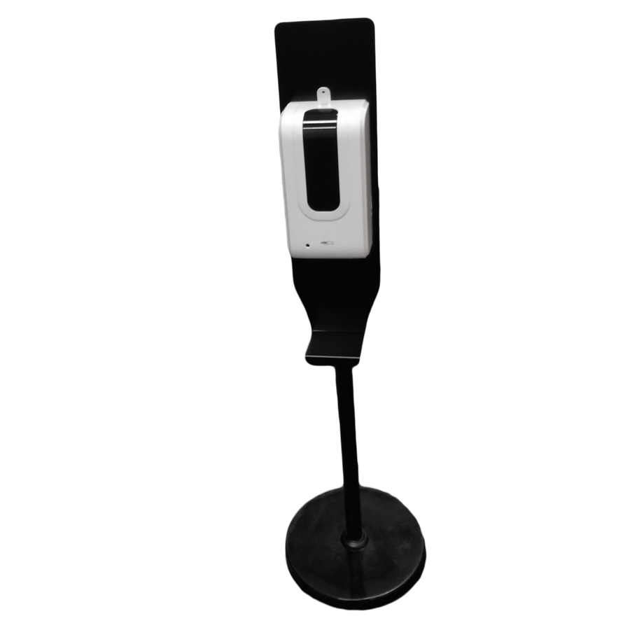 The TechniClean Adjustable Dispenser Stand – black powder-coated steel with adjustable height and sensor-activated dispenser.