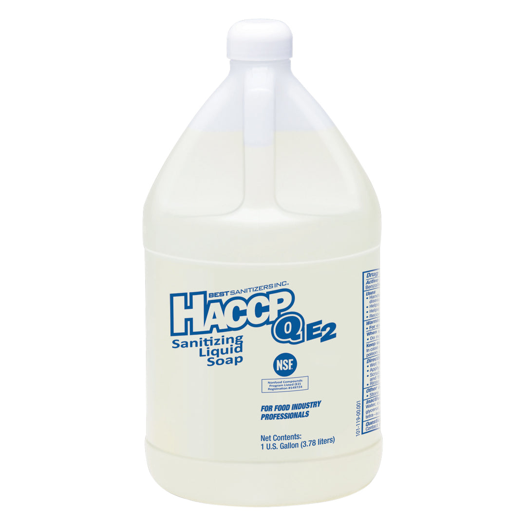 HACCP Q E2 Sanitizing Liquid Soap, gallon size, kills 99.999% of pathogens in 15 seconds, pH balanced with emollients, NSF E2 certified, fragrance-free, available in 4 configurations.