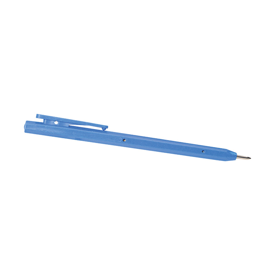 Metal Detectable Stick Pen with Blue body and ink, designed without a clip for safety.