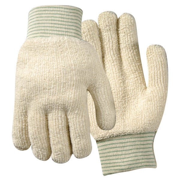 Heavy Weight Poly/Cotton Heat Resistant Gloves – Set of 12 gloves with white loop-out terry cloth, knit wrist, and ambidextrous design. Ideal for tasks requiring heat protection up to 350°F.